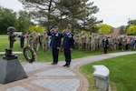 Air National Guard Major General Gary Charlton, commander of the New York Air National Guard, left, and Command Chief Master Sergeant Michael Hewson salute while taps played during the New York National Guard headquarters Memorial Day ceremony in Latham, New York, on May 21, 2026. Photo by Stephanie Butler.