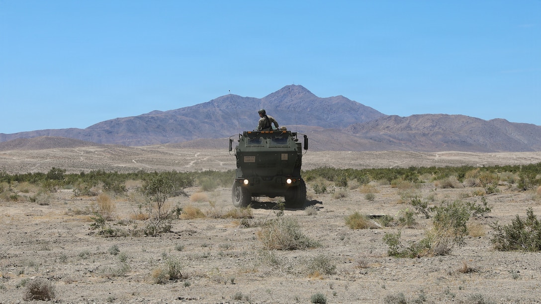 U.S. Army Sgt. Clayton Miracle confirms suitable firing location for the M142 HIMARS during a dry-fire event for Kentucky's Bravo Battery, 1st Battalion, 623rd Field Artillery at Fort Irwin, California, April 22, 2026.
