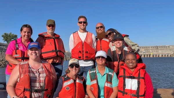 Employees of the U.S. Army Corps of Engineers Nashville District wear life jackets May 13, 2026, aboard the Motor Vessel Iroquois on the Cumberland River in Ashland City, Tennessee. The Corps of Engineers encourage the public to wear properly fitted life jackets and boat safely over the Memorial Day weekend and throughout the summer recreation season. (USACE Photo by Jamie Lynn)