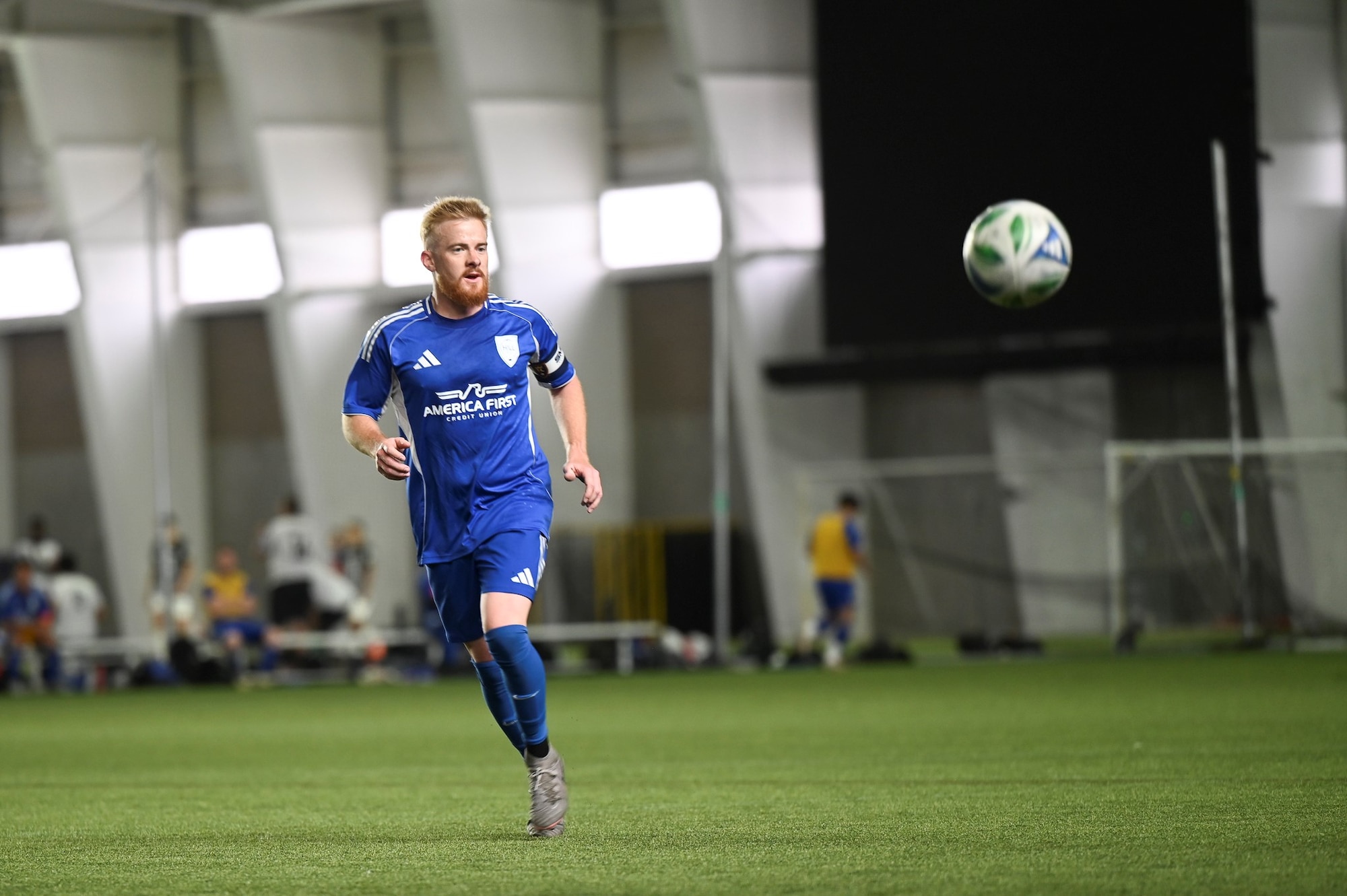 Trevor Norman, captain of the base soccer team and an Air Force Life Cycle Management Center foreign military sales contractor, receives a pass during a Commanders Cup match at Zions Bank Training Center.