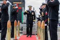 NAVAL BASE POINT LOMA, Calif. (May 15, 2026) – Capt. Phillip Sylvia Jr., commander, Submarine Squadron 11, renders a salute to side boys following the change of command ceremony for Los Angeles-class fast-attack submarine USS Santa Fe (SSN 763) onboard Naval Base Point Loma, May 15, 2026. During the ceremony, Cmdr. Eric Knepper was relieved by Cmdr. Miguel Recalde as commanding officer of Santa Fe. Santa Fe is assigned to Commander, Submarine Squadron 11, home to four Los Angeles-class fast-attack submarines which are capable of supporting various missions, including anti-submarine warfare, anti-ship warfare, strike warfare and intelligence, surveillance and reconnaissance. (U.S. Navy photo by Mass Communication Specialist 2nd Class Rashan Jefferson)