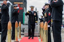 NAVAL BASE POINT LOMA, Calif. (May 15, 2026) – Capt. Phillip Sylvia Jr., commander, Submarine Squadron 11, renders a salute to side boys following the change of command ceremony for Los Angeles-class fast-attack submarine USS Santa Fe (SSN 763) onboard Naval Base Point Loma, May 15, 2026. During the ceremony, Cmdr. Eric Knepper was relieved by Cmdr. Miguel Recalde as commanding officer of Santa Fe. Santa Fe is assigned to Commander, Submarine Squadron 11, home to four Los Angeles-class fast-attack submarines which are capable of supporting various missions, including anti-submarine warfare, anti-ship warfare, strike warfare and intelligence, surveillance and reconnaissance. (U.S. Navy photo by Mass Communication Specialist 2nd Class Rashan Jefferson)