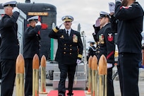 NAVAL BASE POINT LOMA, Calif. (May 15, 2026) – Cmdr. Eric Knepper renders a salute to side boys following the change of command ceremony for Los Angeles-class fast-attack submarine USS Santa Fe (SSN 763) onboard Naval Base Point Loma, May 15, 2026. During the ceremony, Knepper was relieved by Cmdr. Miguel Recalde as commanding officer of Santa Fe. Santa Fe is assigned to Commander, Submarine Squadron 11, home to four Los Angeles-class fast-attack submarines which are capable of supporting various missions, including anti-submarine warfare, anti-ship warfare, strike warfare and intelligence, surveillance and reconnaissance. (U.S. Navy photo by Mass Communication Specialist 2nd Class Rashan Jefferson)