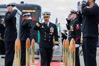 NAVAL BASE POINT LOMA, Calif. (May 15, 2026) – Cmdr. Miguel Recalde, commanding officer, Los Angeles-class fast-attack submarine USS Santa Fe (SSN 763), renders a salute to side boys following the change of command ceremony for Santa Fe onboard Naval Base Point Loma, May 15, 2026. During the ceremony, Cmdr. Eric Knepper was relieved by Recalde as commanding officer of Santa Fe. Santa Fe is assigned to Commander, Submarine Squadron 11, home to four Los Angeles-class fast-attack submarines which are capable of supporting various missions, including anti-submarine warfare, anti-ship warfare, strike warfare and intelligence, surveillance and reconnaissance. (U.S. Navy photo by Mass Communication Specialist 2nd Class Rashan Jefferson)
