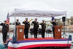 NAVAL BASE POINT LOMA, Calif. (May 15, 2026) – Official party members render salutes during the change of command ceremony for Los Angeles-class fast-attack submarine USS Santa Fe (SSN 763) onboard Naval Base Point Loma, May 15, 2026. During the ceremony, Cmdr. Eric Knepper was relieved by Cmdr. Miguel Recalde as commanding officer of Santa Fe. Santa Fe is assigned to Commander, Submarine Squadron 11, home to four Los Angeles-class fast-attack submarines which are capable of supporting various missions, including anti-submarine warfare, anti-ship warfare, strike warfare and intelligence, surveillance and reconnaissance. (U.S. Navy photo by Mass Communication Specialist 2nd Class Rashan Jefferson)