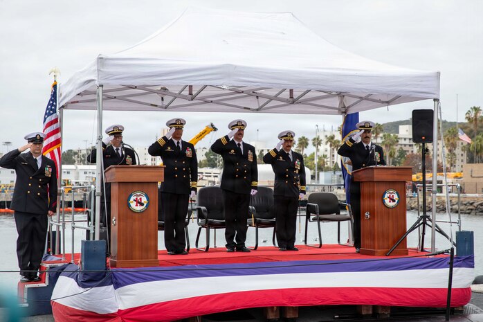 NAVAL BASE POINT LOMA, Calif. (May 15, 2026) – Official party members render salutes during the change of command ceremony for Los Angeles-class fast-attack submarine USS Santa Fe (SSN 763) onboard Naval Base Point Loma, May 15, 2026. During the ceremony, Cmdr. Eric Knepper was relieved by Cmdr. Miguel Recalde as commanding officer of Santa Fe. Santa Fe is assigned to Commander, Submarine Squadron 11, home to four Los Angeles-class fast-attack submarines which are capable of supporting various missions, including anti-submarine warfare, anti-ship warfare, strike warfare and intelligence, surveillance and reconnaissance. (U.S. Navy photo by Mass Communication Specialist 2nd Class Rashan Jefferson)