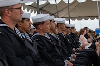 NAVAL BASE POINT LOMA, Calif. (May 15, 2026) – Sailors assigned to Los Angeles-class fast-attack submarine USS Santa Fe (SSN 763) attend the change of command ceremony for Santa Fe (SSN 763) onboard Naval Base Point Loma, May 15, 2026. During the ceremony, Cmdr. Eric Knepper was relieved by Cmdr. Miguel Recalde as commanding officer of Santa Fe. Santa Fe is assigned to Commander, Submarine Squadron 11, home to four Los Angeles-class fast-attack submarines which are capable of supporting various missions, including anti-submarine warfare, anti-ship warfare, strike warfare and intelligence, surveillance and reconnaissance. (U.S. Navy photo by Mass Communication Specialist 2nd Class Rashan Jefferson)