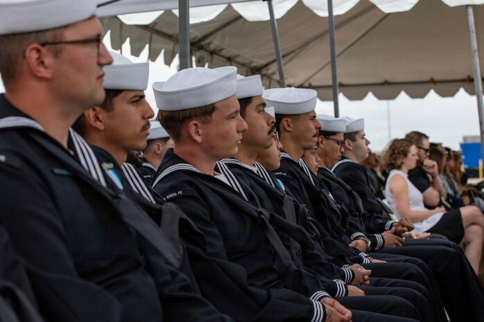 NAVAL BASE POINT LOMA, Calif. (May 15, 2026) – Sailors assigned to Los Angeles-class fast-attack submarine USS Santa Fe (SSN 763) attend the change of command ceremony for Santa Fe (SSN 763) onboard Naval Base Point Loma, May 15, 2026. During the ceremony, Cmdr. Eric Knepper was relieved by Cmdr. Miguel Recalde as commanding officer of Santa Fe. Santa Fe is assigned to Commander, Submarine Squadron 11, home to four Los Angeles-class fast-attack submarines which are capable of supporting various missions, including anti-submarine warfare, anti-ship warfare, strike warfare and intelligence, surveillance and reconnaissance. (U.S. Navy photo by Mass Communication Specialist 2nd Class Rashan Jefferson)