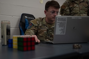 U.S. Space Force Sgt. Hayden Langfitt, 533rd Training Squadron Detachment 1 student, troubleshoots the prototype Tracking Attendance Reporting Growth Engagement And Trends application inside the Louis F. Garland Department of War Fire Academy at Goodfellow Air Force Base, Texas, March 20, 2026. In the 9S100D Applied Data Analysis course, intelligence, surveillance and reconnaissance students learn all the foundational skills needed for cleaning, transforming and presenting data that Air Force and Space Force professionals need to complete the mission. (U.S. Air Force photo by Senior Airman Brian Lummus)
