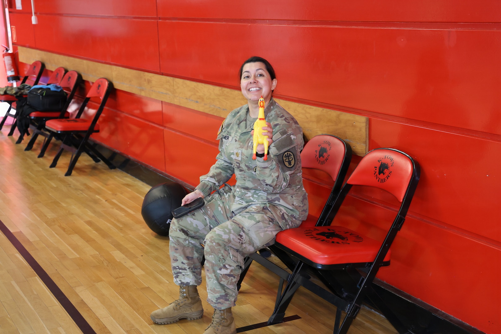 Maj. Emily Diemer, director nutritional medicine, Landstuhl Regional Medical Center came out with her rubber chicken to motivate the “Quadzilla” crew from nutritional medicine during the Mental health Awareness Month culminating Team Fitness Competition on May 18 at the Landstuhl Regional Medical Center fitness center. The competition served as the culminating event of the month-long Mental Health Awareness Month observance.