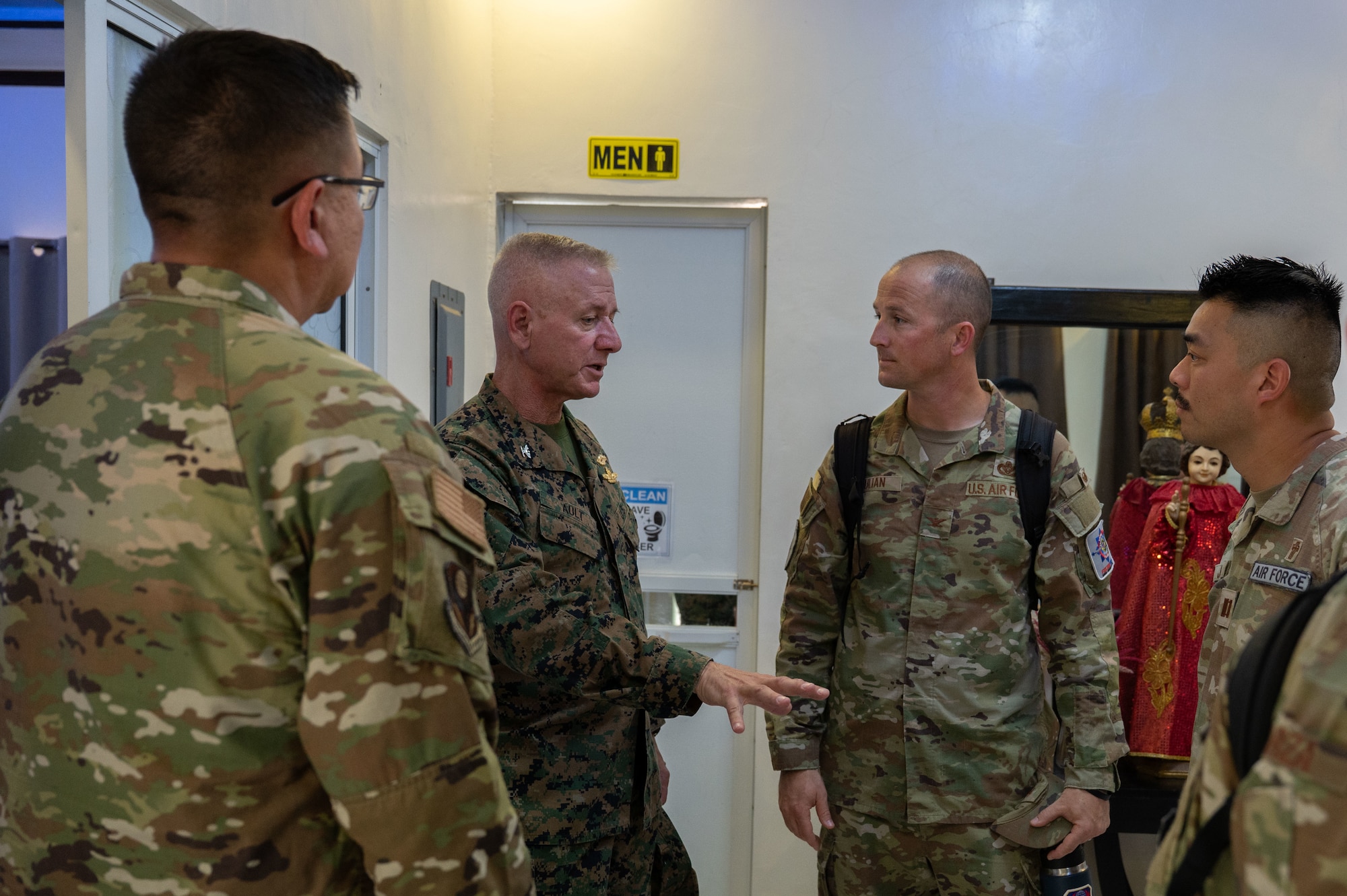 U.S. Navy Capt. John Ault, Joint Task Force chaplain over Balikatan, speaks with Air Force 21st Air Expeditionary Wing leadership during Exercise Balikatan 2026 at Basa Air Base, April 24, 2026. Balikatan is a longstanding annual exercise between the Armed Forces of the Philippines and U.S. military that represents the strength of our alliance, improves our capable combined force, and demonstrates our commitment to regional peace and prosperity. (U.S. Air Force photo by Senior Airman Alondra Cristobal Hernandez)