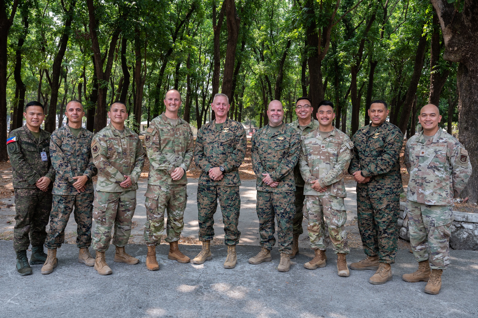 Members of the U.S. Air Force, Navy, and Philippine Air Force chapel team pose for a photo during Exercise Balikatan 2026 at Basa Air Base, April 24, 2026. Balikatan is a longstanding annual exercise between the Armed Forces of the Philippines and U.S. military that represents the strength of our alliance, improves our capable combined force, and demonstrates our commitment to regional peace and prosperity. (U.S. Air Force photo by Senior Airman Alondra Cristobal Hernandez)