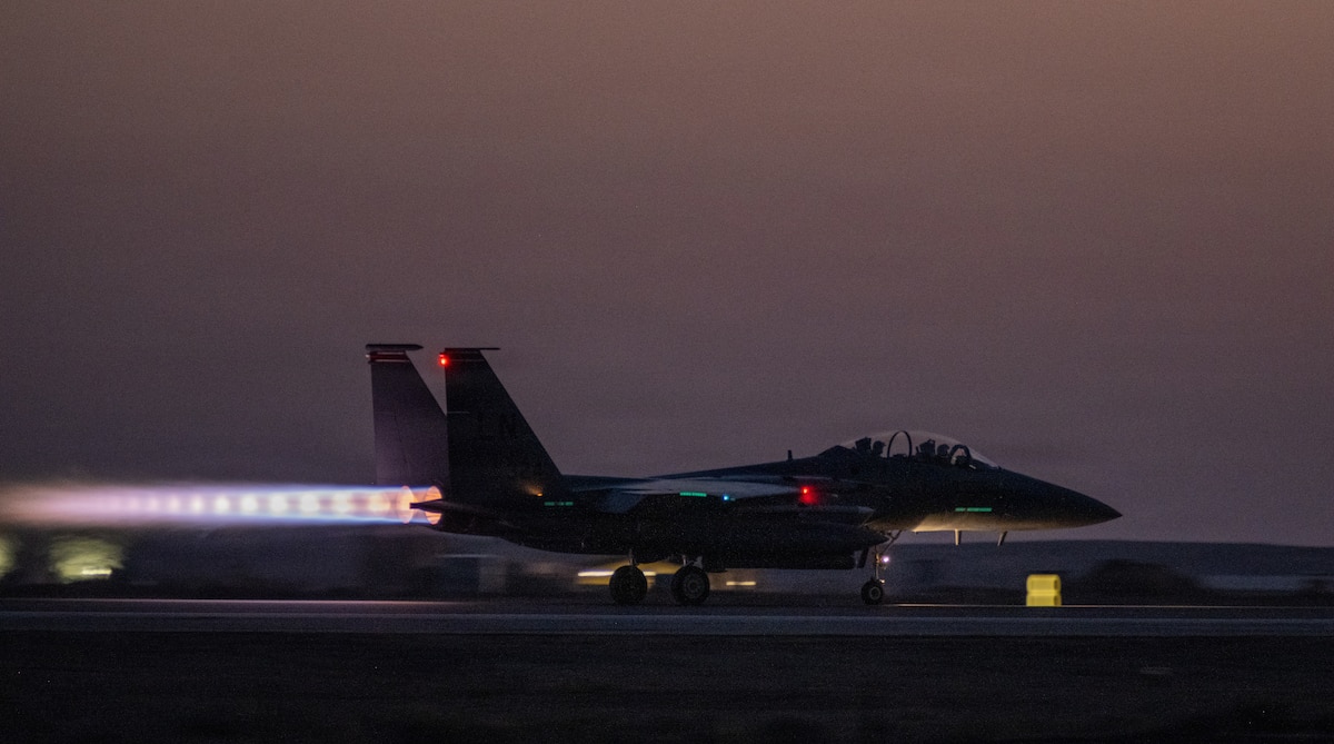 A U.S. Air Force F-15E Strike Eagle takes off from a base at an undisclosed location in the U.S. Central Command area of responsibility, April 28, 2026. The F-15E is an all-weather tactical fighter designed to gain and maintain air superiority while supporting combat operations. (U.S. Air Force photo by Master Sgt. Nathan Lipscomb)