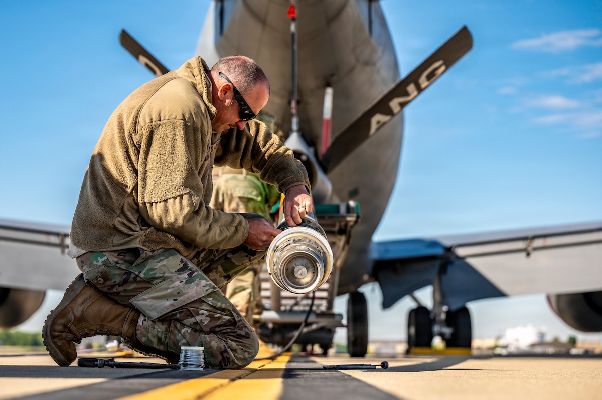 Master Sgt. Drew Rauch, 121st Maintenance Squadron hydraulics technician, performs a mechanical systems check on the boom of a KC-135 Stratotanker at Rickenbacker Air National Guard Base in Columbus, Ohio, May 7, 2026. The inspection ensures the boom can safely extend, retract and maneuver during aerial refueling operations. (U.S. Air National Guard photo by Airman 1st Class Taylor Warehime)