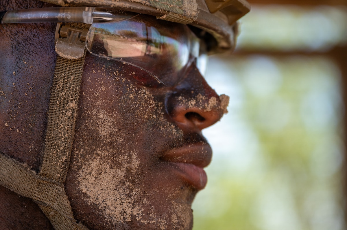 Airman Basic Tyvier Goldsmith, 343rd Training Squadron Basic Defender Course student, pauses between runs on an obstacle course at Joint Base San Antonio-Chapman Training Annex, Texas, May 11, 2026. Students completed practice runs before being evaluated on their final graded attempt. (U.S. Air Force photo by Joshua J. Garcia)