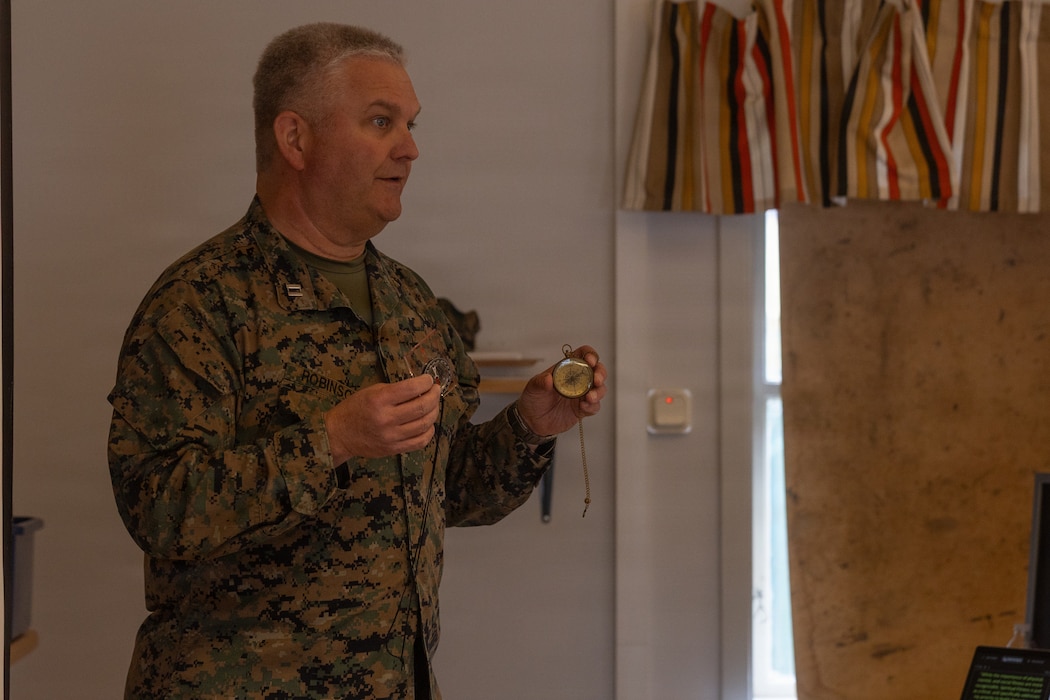U.S. Navy Lt. Mark Robinson, chaplain for Combat Logistics Battalion 24, Combat Logistics Regiment 27, 2nd Marine Logistics Group, speaks to U.S. Marines during a Lance Corporal leadership and development seminar in preparation for BALTOPS 26 in Kvarn, Sweden, May 21, 2026. BALTOPS 26, the premier maritime-focused exercise in the Baltic Region, provides a unique training opportunity to strengthen combined response capabilities critical to preserving freedom of navigation and security in the Baltic Sea. Robinson is a native of Tennessee. (U.S. Marine Corps photo by Lance Cpl. Talan Werner)