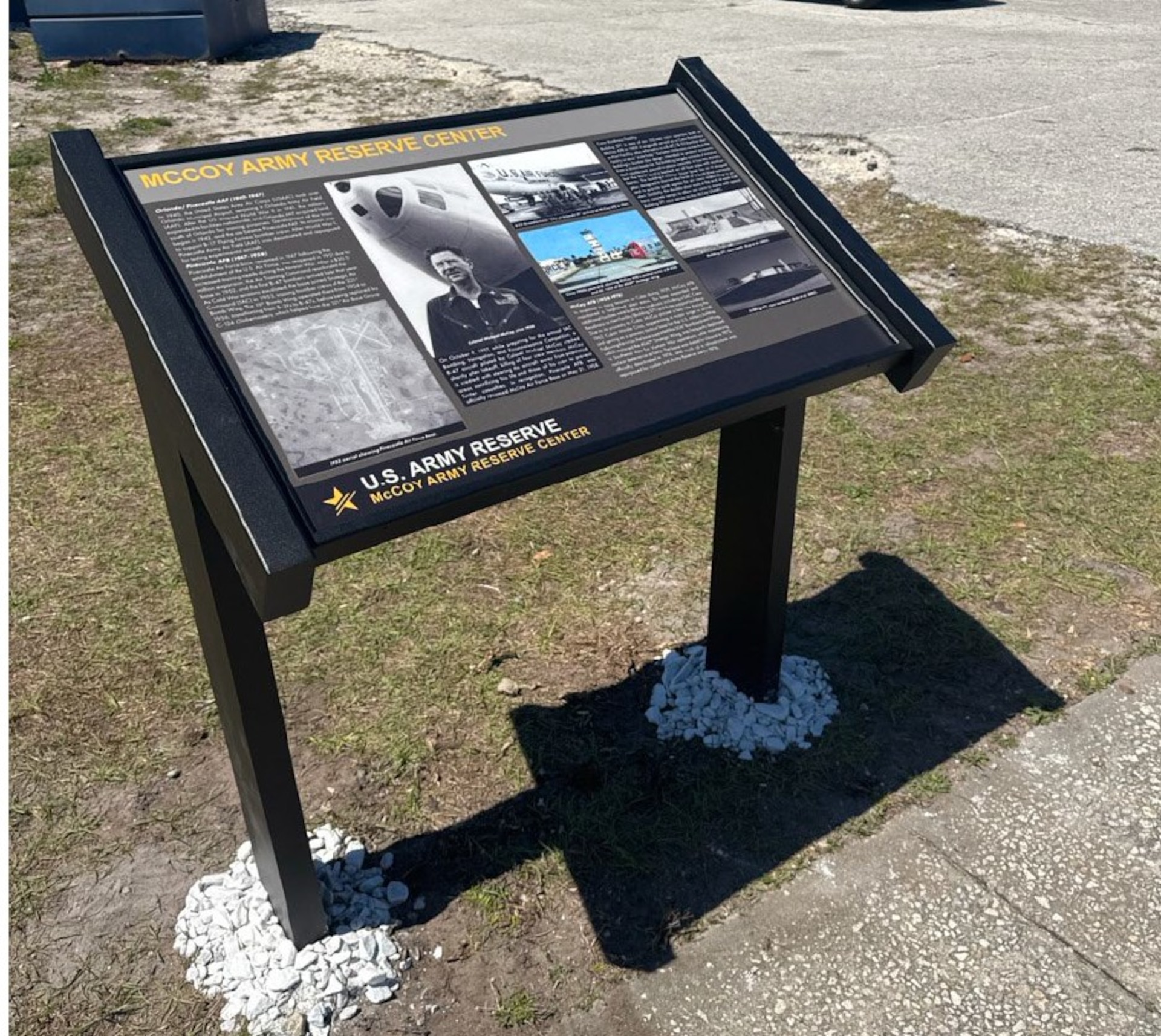 A newly installed interpretive panel at the 81st Readiness Division’s McCoy Army Reserve Center in Orlando, FL commemorates the building’s namesake and history throughout wartime efforts.