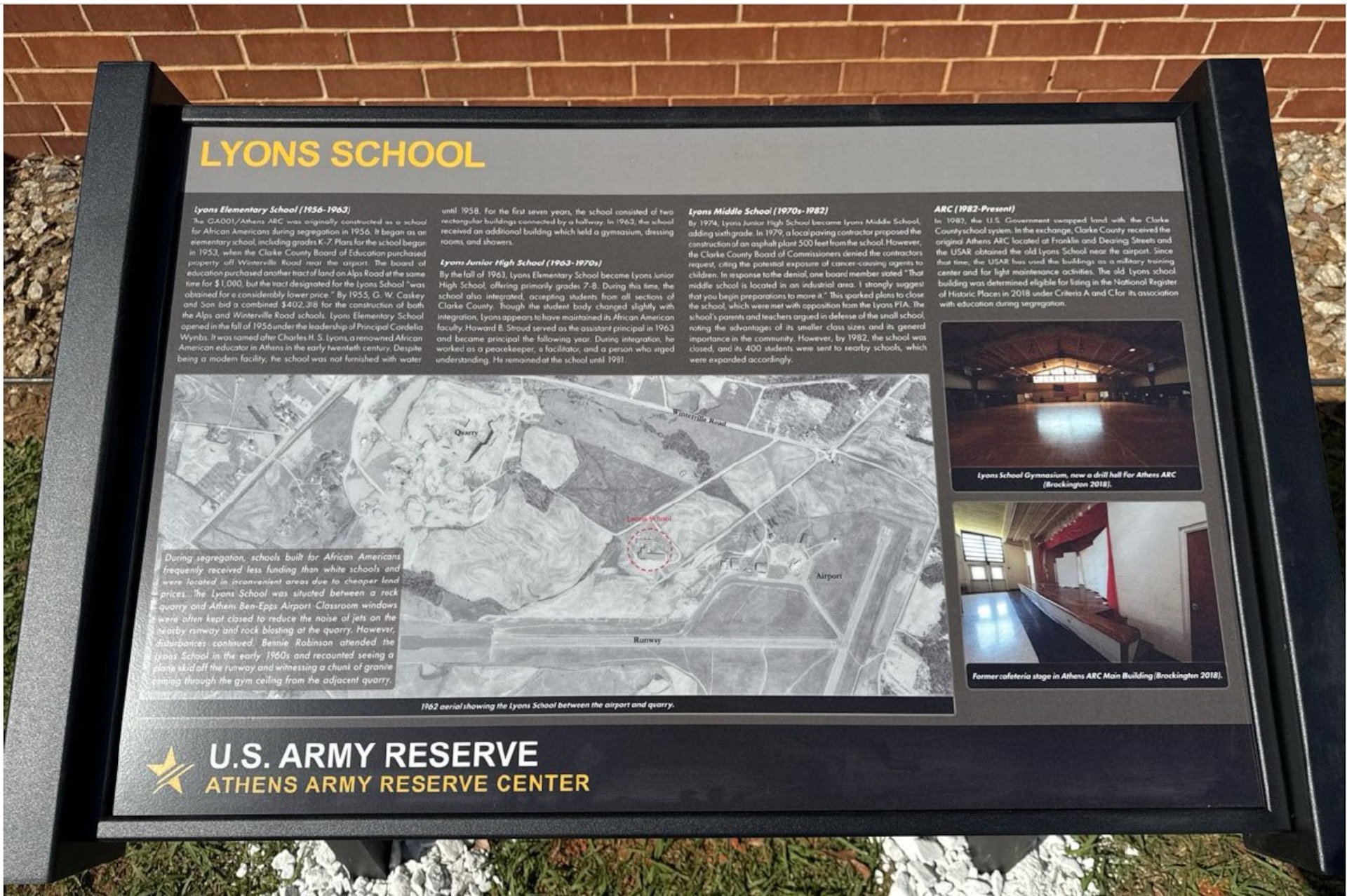 A newly installed interpretive panel at the 81st Readiness Division’s Athens Army Reserve Center, GA commemorates the center’s history (as it was originally constructed) as Lyons Elementary school in 1956. The school building was determined eligible for listing in the National Register of Historic Places in 2018 under Criteria A and C for its association with education during segregation.