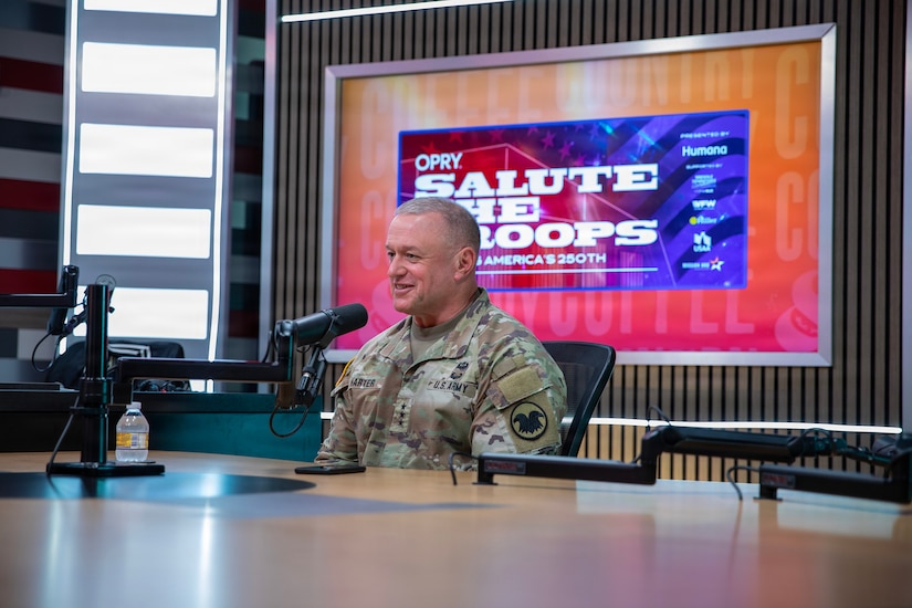 Lt. Gen. Robert Harter sits in a WSM Radio 650 AM studio for an interview discussing the Army Reserve’s mission, national role, and service opportunities.