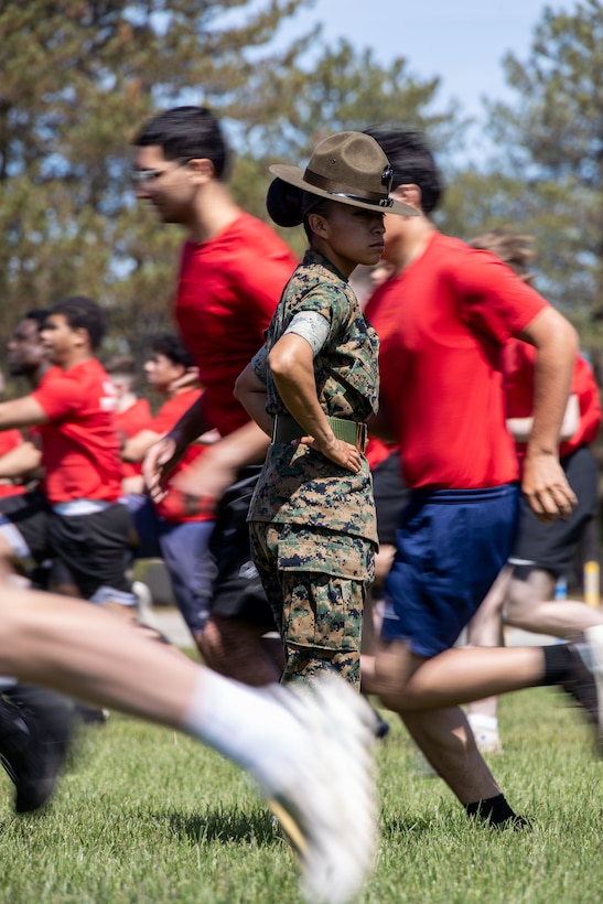 U.S. Marine Corps Sgt. Andrea Eller, a drill instructor with Lima Company, 3rd Recruit Training Battalion, observes poolees during Recruiting Station Springfield's annual pool function at Westover Air Reserve Base, Massachusetts, May 16, 2026. The annual pool function is held every year with Recruiting Station Springfield to prepare poolees for the rigors of recruit training. (U.S. Marine Corps photo by Sgt. Hernan Rodriguez)