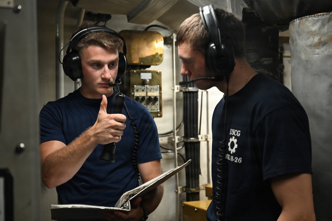 Engineers assigned to the training barque USCGC Eagle WIX 327 conduct basic engineering casualty control exercises off the coast of Florida May 14, 2026. The crew conducted the training to maintain standard shipboard readiness ahead of participating in America 250 events.