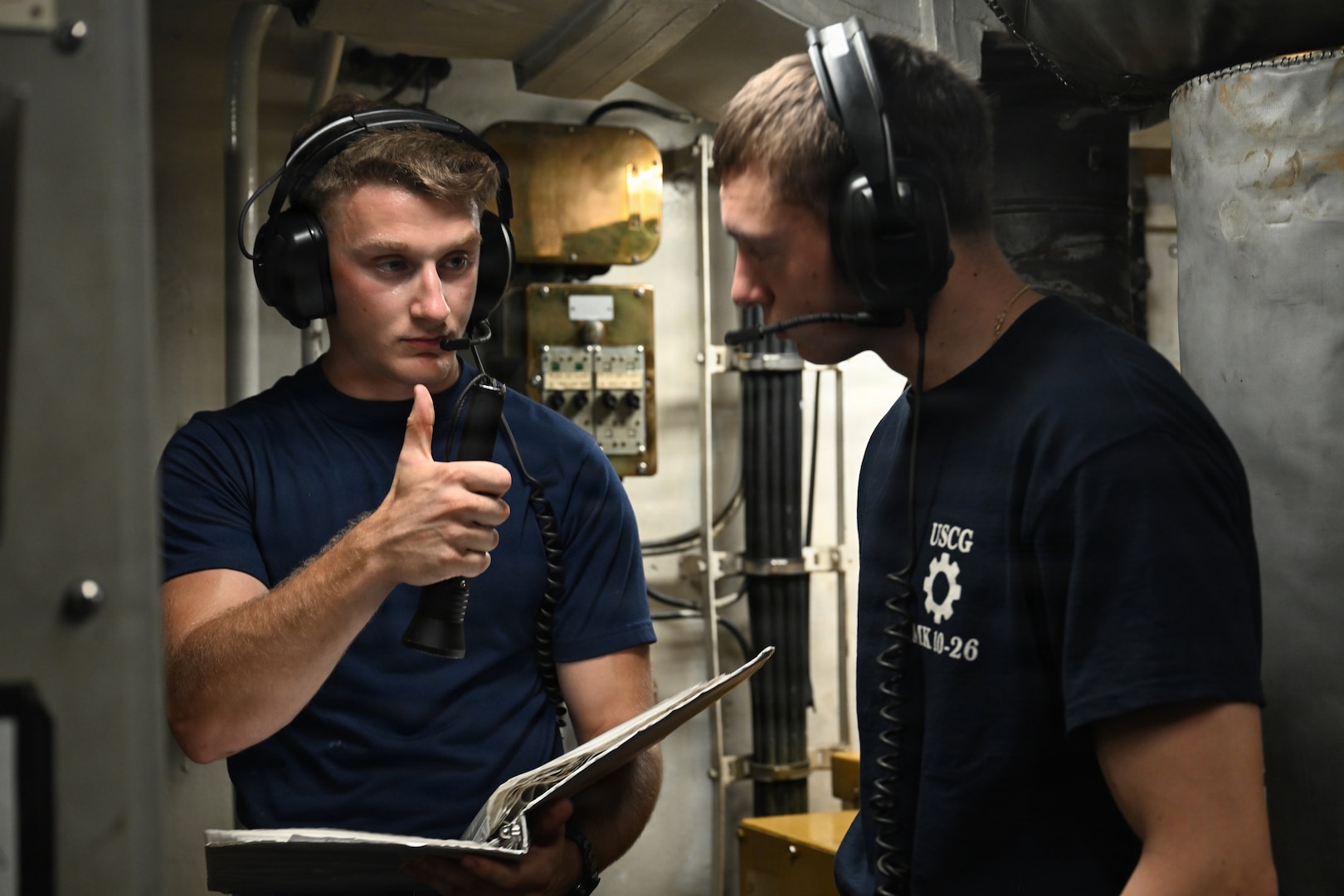 Engineers assigned to the training barque USCGC Eagle WIX 327 conduct basic engineering casualty control exercises off the coast of Florida May 14, 2026. The crew conducted the training to maintain standard shipboard readiness ahead of participating in America 250 events.