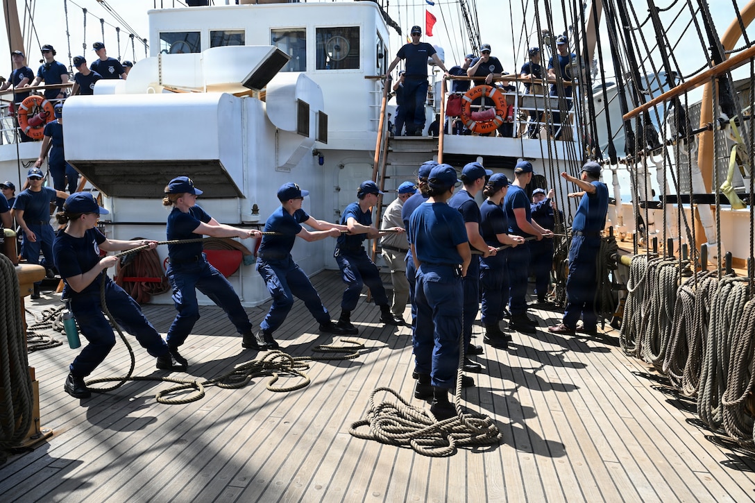 Coast Guard Academy cadets practice line-handling aboard USCGC Eagle (WIX 327) while moored in Savannah, Georgia, May 11, 2026. The cadets participated in "School of the Ship" training to learn how to safely, accurately and competently manipulate lines as well as become familiarized with seamanship.