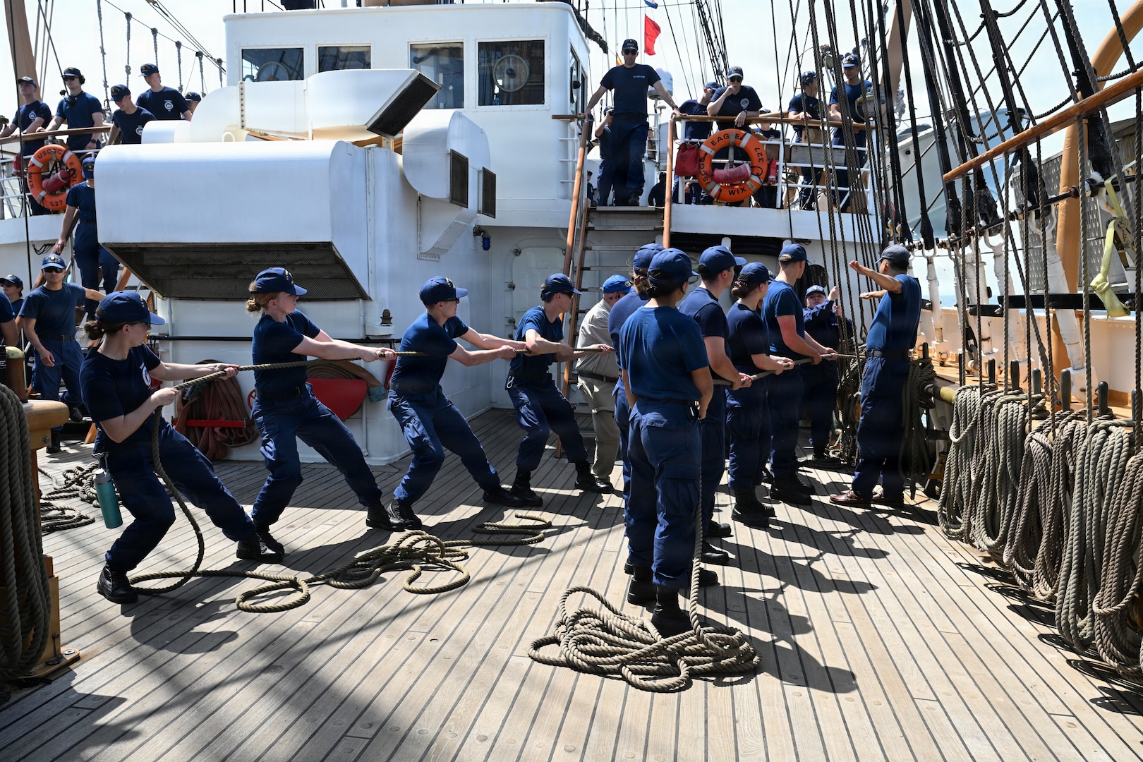 Coast Guard Academy cadets practice line-handling aboard USCGC Eagle (WIX 327) while moored in Savannah, Georgia, May 11, 2026. The cadets participated in "School of the Ship" training to learn how to safely, accurately and competently manipulate lines as well as become familiarized with seamanship.