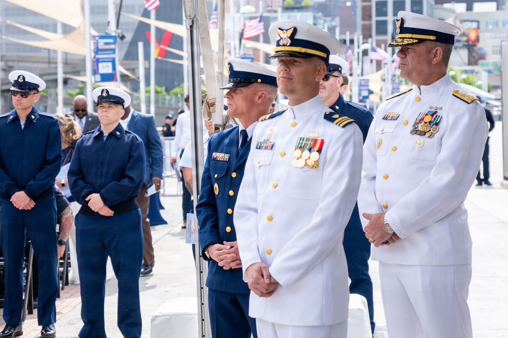 The new Commanding Officer Brenden Kelley stands with the Vice Commadant Allan and Reserve Force Master Chief Adams awaiting the cutter’s commissioning ceremony in New York at the Intrepid, May 22, 2026. The Fast Response Cutter was named in honor of Vincent Danz, a Coast Guard petty officer who was killed during the terrorist attacks on Sept. 11, 2001, and the cutter will support the Coast Guard’s missions of maritime safety, security and national defense. (U.S. Coast Guard photo by Petty Officer Third Class Breanna Boardman)