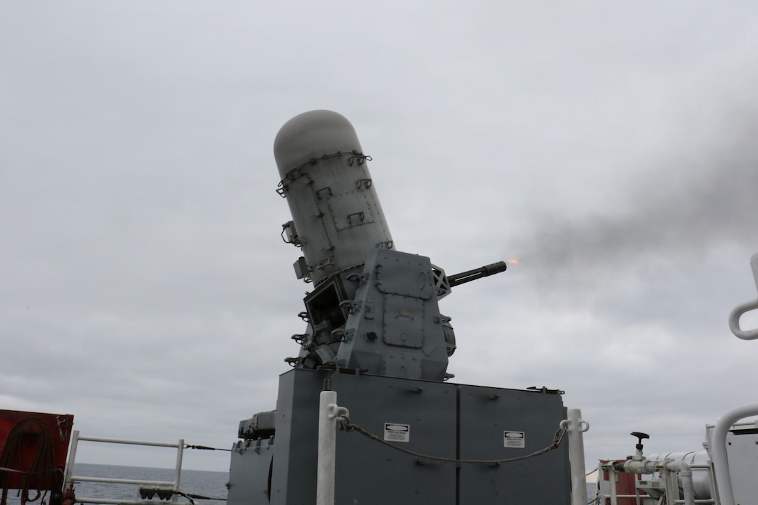 U.S. Coast Guard Cutter Waesche (WMSL 751) conducts an operational test fire on their Phalanx Close In Weapons System (CIWS) in the Bering Sea, April 3, 2026. The CIWS is a defense system used as a last line of defense against anti-ship missiles and surface targets. (U.S. Coast Guard photo by Petty Officer 3rd Class Lillian Escobar)
