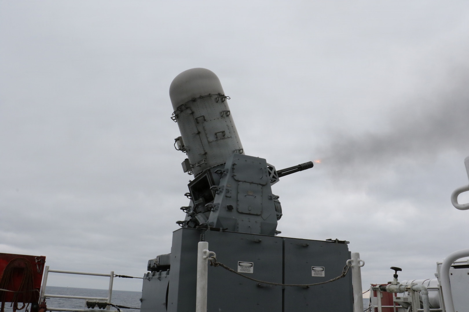 U.S. Coast Guard Cutter Waesche (WMSL 751) conducts an operational test fire on their Phalanx Close In Weapons System (CIWS) in the Bering Sea, April 3, 2026. The CIWS is a defense system used as a last line of defense against anti-ship missiles and surface targets. (U.S. Coast Guard photo by Petty Officer 3rd Class Lillian Escobar)