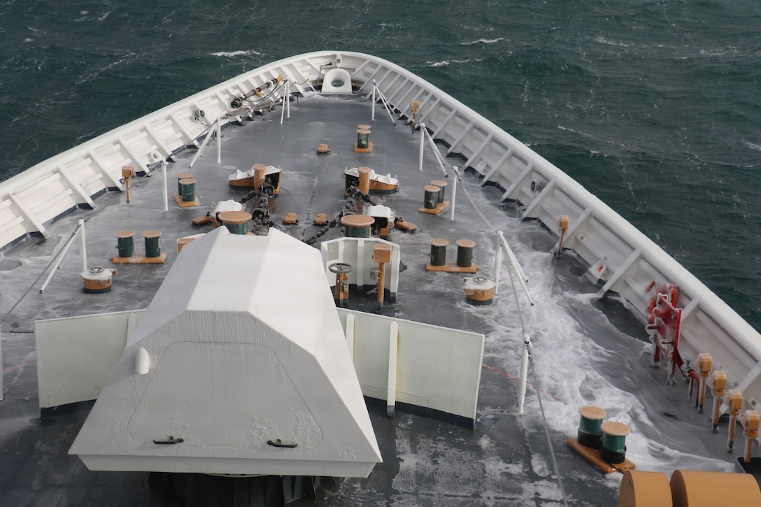 Ice builds up on the deck of U.S. Coast Guard Cutter Waesche (WMSL 751) in the Bering Sea, Feb. 28, 2026. The primary mission of the patrol was protecting the U.S. commercial fishing fleet, securing, controlling, and defending U.S. borders and maritime approaches. (U.S. Coast Guard photo by Lt. j.g. Genzo Matua Gonzales)