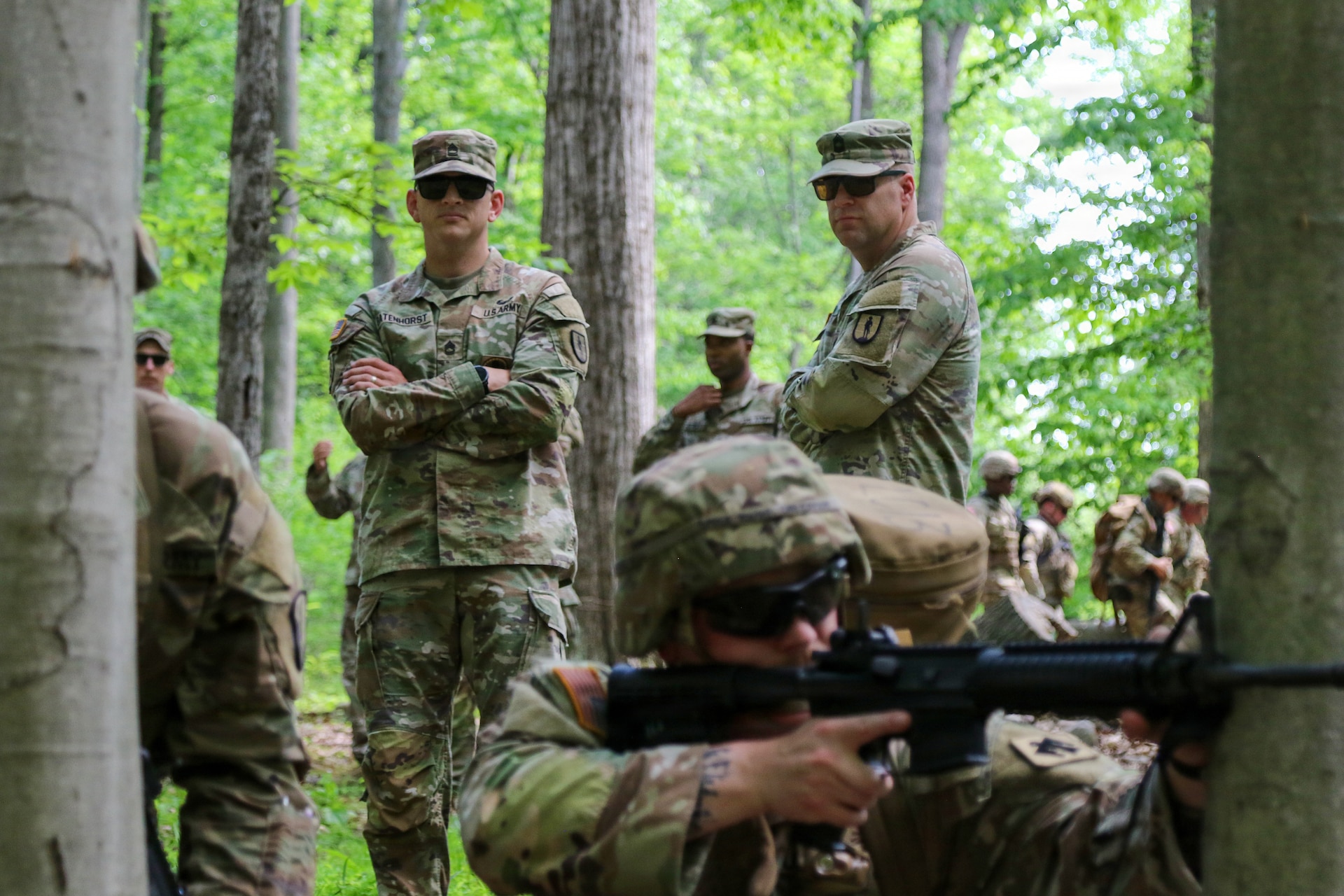 U.S. Army Soldiers attending Basic Leader Course conducted by the 166th Regiment - Regional Training Institute participate in field training during validation of the Army’s new 29-day Basic Leader Course program at Fort Indiantown Gap, Pennsylvania, May 19-20, 2026. The updated course increases tactical field training and leadership evaluations designed to prepare junior noncommissioned officers for team and squad-level leadership roles. (U.S. Army National Guard photo by Sgt. 1st Class Shane Smith)