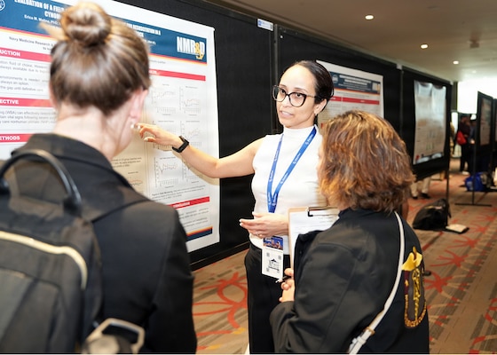 SAN ANTONIO – (May 19, 2026) – Dr. Erica Molina, a research scientist assigned to Naval Medical Research Unit (NAMRU) San Antonio’s Combat Casualty Care and Operational Medicine directorate, presented research on the “Evaluation of a Field-Deployable Whole Blood Analog for Resuscitation of Hemorrhagic Shock” at the annual AIM Health R&D Summit held at the Henry B. Gonzalez Convention Center. Designed to promote cross-sector collaboration in the development of life-saving battlefield technologies, the one-day summit brings together top innovators from academia, industry, and the military to accelerate the research, development, and commercialization of transformative medical technologies. Collaborating and working alongside a wide range of research and development partners keeps Navy Medicine Research & Development (NMR&D) abreast of best practices and advances in medical knowledge. NAMRU San Antonio, part of NMR&D conducts gap-driven combat casualty care, craniofacial, and directed energy research in support of Navy, Marine Corps and joint U.S. warfighter health readiness and lethality while engaged in routine and expeditionary operations. (U.S. Navy photo by Burrell Parmer, NAMRU San Antonio Public Affairs/Released)