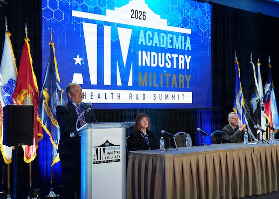 SAN ANTONIO – (May 19, 2026) – Dr. Darrin Frye, chief science director, Naval Medical Research Unit (NAMRU) San Antonio, participated in a “Research & Development Mission and Capability of San Antonio-Based Military Labs” panel during the annual AIM Health R&D Summit held at the Henry B. Gonzalez Convention Center. Joining Frye were Dr. Deb Niemeyer, chief scientist, U.S. Air Force 59th Medical Wing and Dr. Sylvain Cardin, director of research/chief scientific officer, U.S. Army Institute of Surgical Research. Designed to promote cross-sector collaboration in the development of life-saving battlefield technologies, the one-day summit brings together top innovators from academia, industry, and the military to accelerate the research, development, and commercialization of transformative medical technologies. Collaborating and working alongside a wide range of research and development partners keeps Navy Medicine Research & Development (NMR&D) abreast of best practices and advances in medical knowledge. NAMRU San Antonio, part of NMR&D conducts gap-driven combat casualty care, craniofacial, and directed energy research in support of Navy, Marine Corps and joint U.S. warfighter health readiness and lethality while engaged in routine and expeditionary operations. (U.S. Navy photo by Burrell Parmer, NAMRU San Antonio Public Affairs/Released)