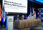 Dr. Matthew Solomon (left), science program manager, assigned to Naval Medical Research Unit (NAMRU) San Antonio, participated in “How to Partner with Military Research & Development Organizations” panel during the annual AIM Health R&D Summit held at the Henry B. Gonzalez Convention Center. Joining Solomon were (left to right) Dr. Tammy Crowder, director, Office of Research and Technology Application, U.S. Army Institute of Surgical Research; Bob Charles, chief of Medical Research Collaboration Law, Defense Health Agency; and Dr. Scott Walter, director, Tech Transfer, U.S. Air Force 59th Medical Wing. Designed to promote cross-sector collaboration in the development of life-saving battlefield technologies, the one-day summit brings together top innovators from academia, industry, and the military to accelerate the research, development, and commercialization of transformative medical technologies. Collaborating and working alongside a wide range of research and development partners keeps Navy Medicine Research & Development (NMR&D) abreast of best practices and advances in medical knowledge. (U.S. Navy photo by Burrell Parmer, NAMRU San Antonio Public Affairs/Released)