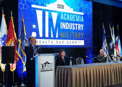 SAN ANTONIO – (May 19, 2026) – Dr. Darrin Frye, chief science director, Naval Medical Research Unit (NAMRU) San Antonio, participated in a “Research & Development Mission and Capability of San Antonio-Based Military Labs” panel during the annual AIM Health R&D Summit held at the Henry B. Gonzalez Convention Center. Joining Frye were Dr. Deb Niemeyer, chief scientist, U.S. Air Force 59th Medical Wing and Dr. Sylvain Cardin, director of research/chief scientific officer, U.S. Army Institute of Surgical Research. Designed to promote cross-sector collaboration in the development of life-saving battlefield technologies, the one-day summit brings together top innovators from academia, industry, and the military to accelerate the research, development, and commercialization of transformative medical technologies. Collaborating and working alongside a wide range of research and development partners keeps Navy Medicine Research & Development (NMR&D) abreast of best practices and advances in medical knowledge. NAMRU San Antonio, part of NMR&D conducts gap-driven combat casualty care, craniofacial, and directed energy research in support of Navy, Marine Corps and joint U.S. warfighter health readiness and lethality while engaged in routine and expeditionary operations. (U.S. Navy photo by Burrell Parmer, NAMRU San Antonio Public Affairs/Released)