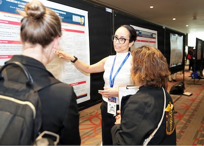 SAN ANTONIO – (May 19, 2026) – Dr. Erica Molina, a research scientist assigned to Naval Medical Research Unit (NAMRU) San Antonio’s Combat Casualty Care and Operational Medicine directorate, presented research on the “Evaluation of a Field-Deployable Whole Blood Analog for Resuscitation of Hemorrhagic Shock” at the annual AIM Health R&D Summit held at the Henry B. Gonzalez Convention Center. Designed to promote cross-sector collaboration in the development of life-saving battlefield technologies, the one-day summit brings together top innovators from academia, industry, and the military to accelerate the research, development, and commercialization of transformative medical technologies. Collaborating and working alongside a wide range of research and development partners keeps Navy Medicine Research & Development (NMR&D) abreast of best practices and advances in medical knowledge. NAMRU San Antonio, part of NMR&D conducts gap-driven combat casualty care, craniofacial, and directed energy research in support of Navy, Marine Corps and joint U.S. warfighter health readiness and lethality while engaged in routine and expeditionary operations. (U.S. Navy photo by Burrell Parmer, NAMRU San Antonio Public Affairs/Released)