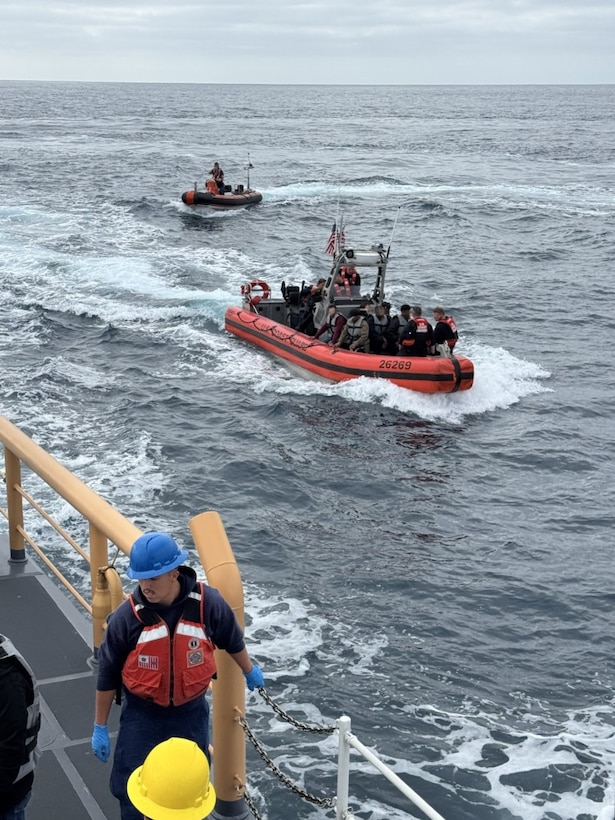 Six suspected aliens are pictured on the forepeak of a 26-foot Over the Horizon-IV Cutter Boat following a vessel boarding approximately 27 miles east of San Clemente Island, California, May 22, 2026. A Coast Guard boarding team assigned to the 87-foot Marine Protector-class U.S Coast Guard Cutter Haddock (WPB 87347) identified 10 suspected aliens during the boarding and transferred custody of all 10 to U.S. Border Patrol agents at Ballast Point. (U.S. Coast Guard courtesy photo)