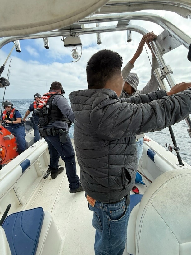 A Coast Guard boarding team assigned to the 87-foot Marine Protector-class U.S. Coast Guard Cutter Haddock (WPB 87347) conducts a vessel boarding approximately 27 miles east of San Clemente Island, California, May 22, 2026. During the boarding, 10 suspected aliens were identified, all claiming Mexican nationality. (U.S. Coast Guard courtesy photo)