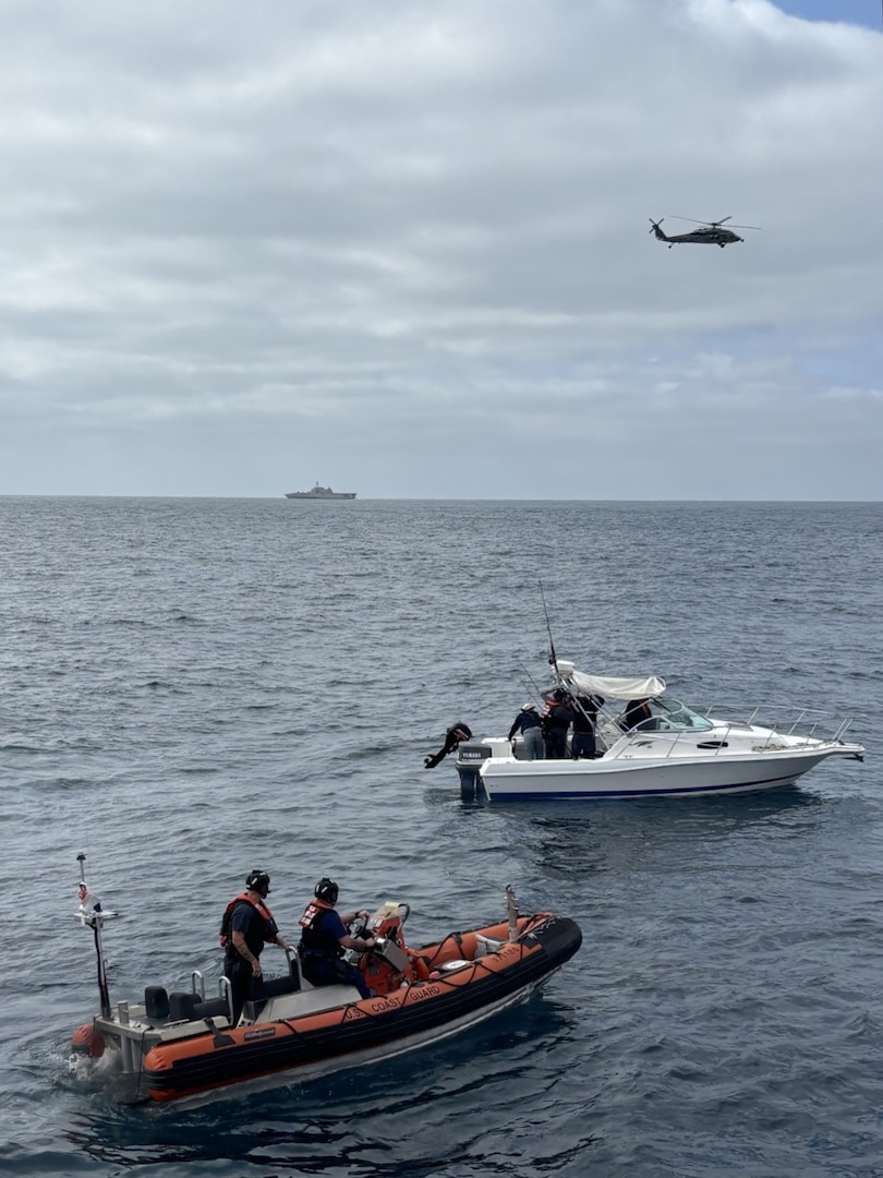 A Coast Guard boarding team assigned to the 87-foot Marine Protector-class U.S. Coast Guard Cutter Haddock (WPB 87347) conducts a vessel boarding approximately 27 miles east of San Clemente Island, California, May 22, 2026. During the boarding, 10 suspected aliens were identified, all claiming Mexican nationality. (U.S. Coast Guard courtesy photo)