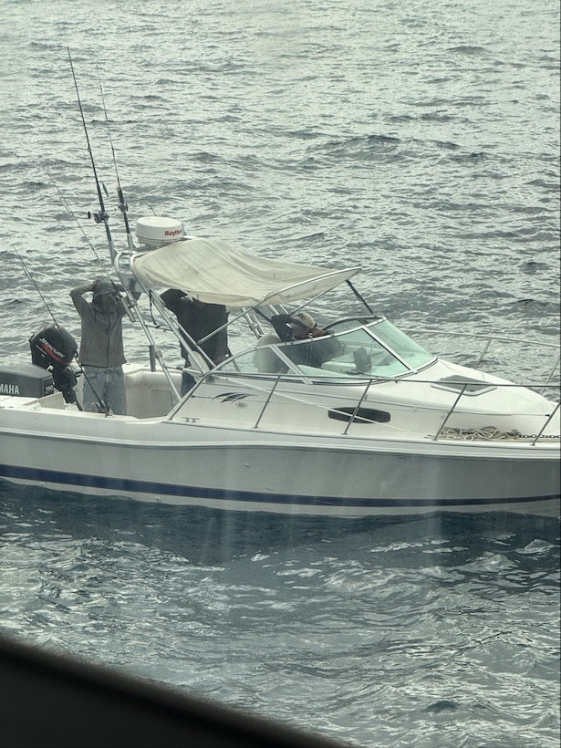 A Coast Guard boarding team assigned to the 87-foot Marine Protector-class U.S. Coast Guard Cutter Haddock (WPB 87347) conducts a vessel boarding approximately 27 miles east of San Clemente Island, California, May 22, 2026. During the boarding, 10 suspected aliens were identified, all claiming Mexican nationality. (U.S. Coast Guard courtesy photo)