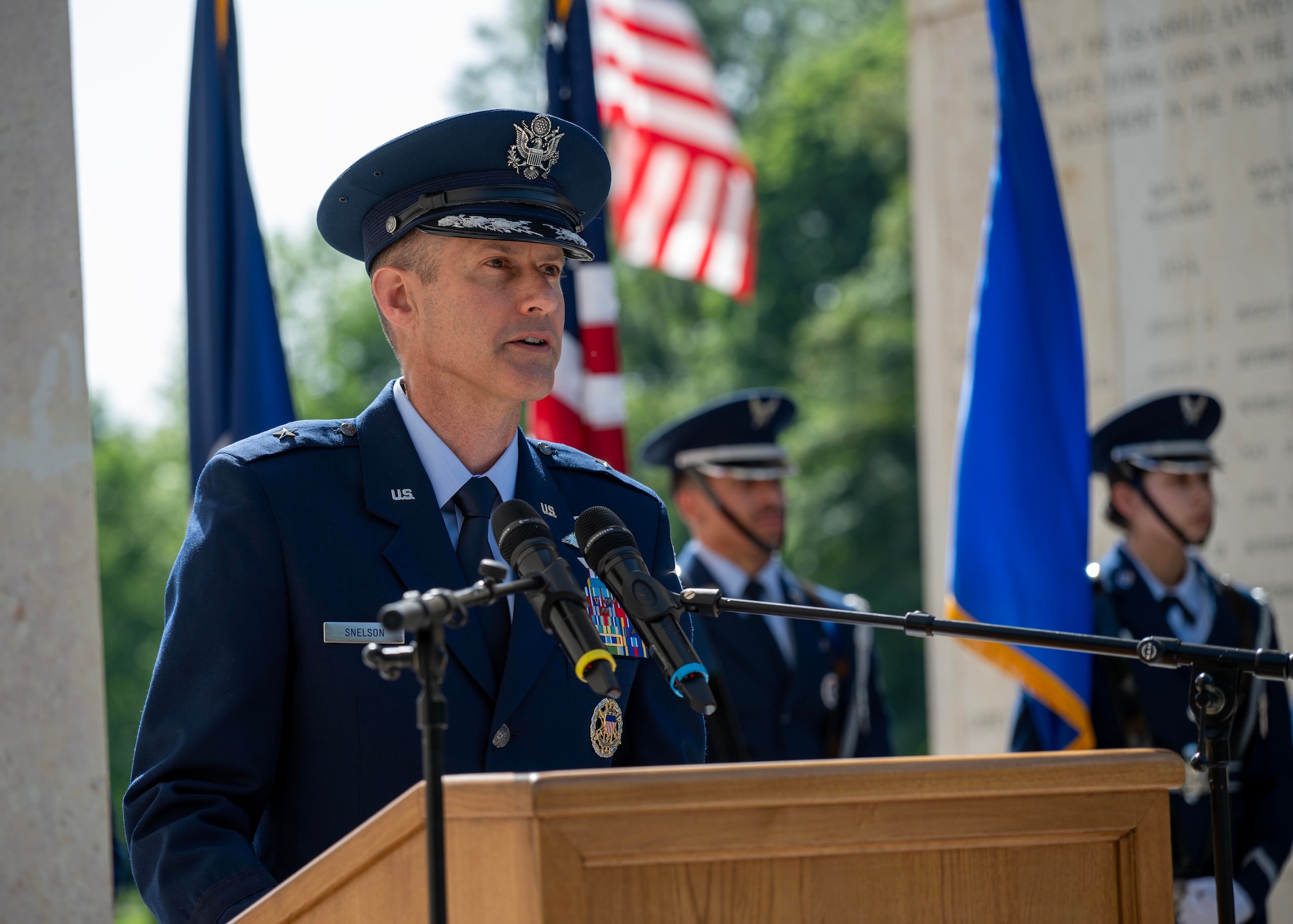 U.S. Air Force Brig. Gen. Stephen P. Snelson, U.S. Air Forces in Europe - Air Forces Africa deputy commander, addresses veterans, civic leaders and family members during a Memorial Day ceremony held at the Lafayette Escadrille Memorial in Marnes-la-Coquette, France, May 24, 2026.