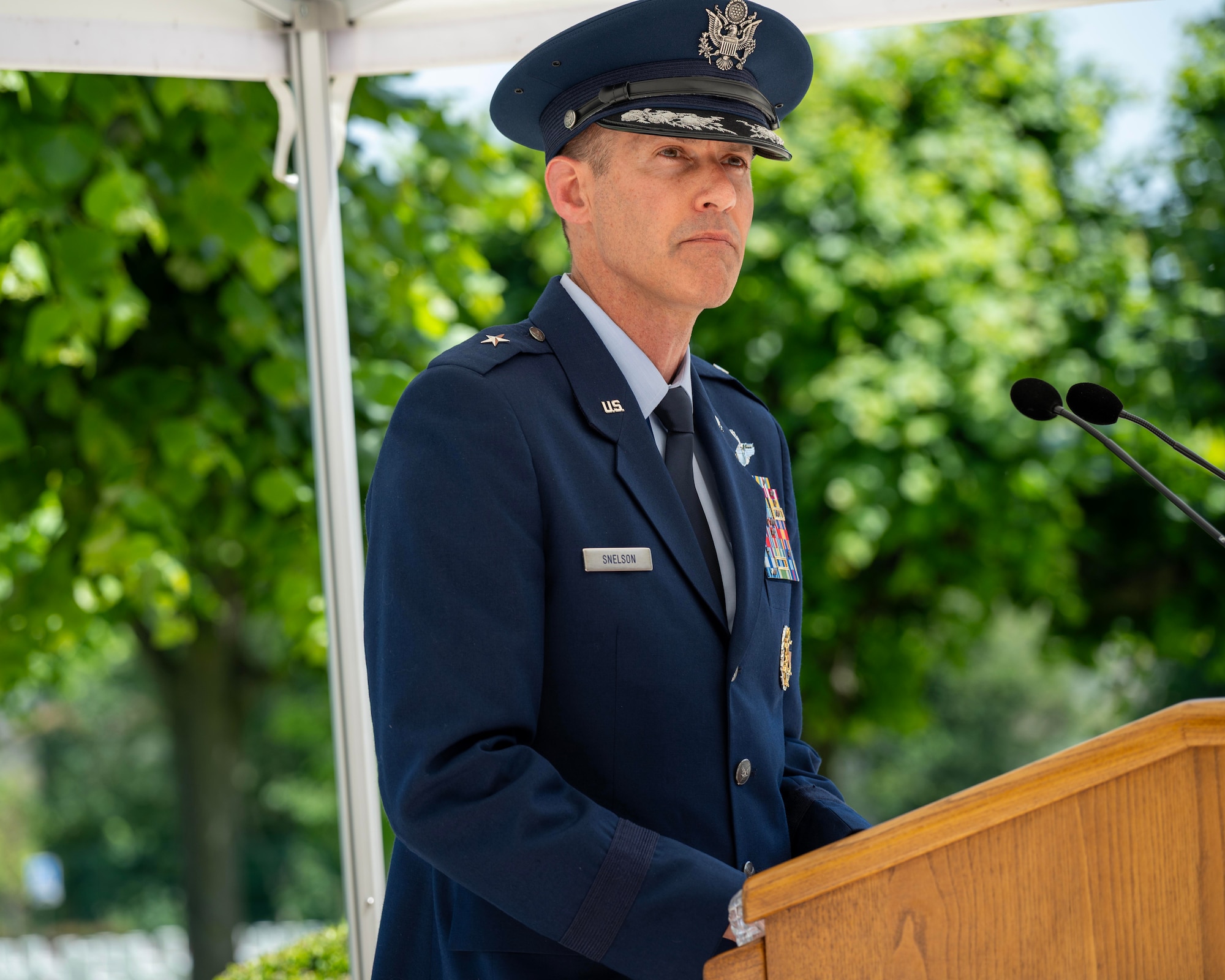 U.S. Air Force Brig. Gen. Stephen P. Snelson, U.S. Air Forces in Europe - Air Forces Africa deputy commander, addresses veterans, civic leaders and family members during a Memorial Day ceremony held at the Suresnes American Cemetery at Suresnes, France, May 24, 2026.