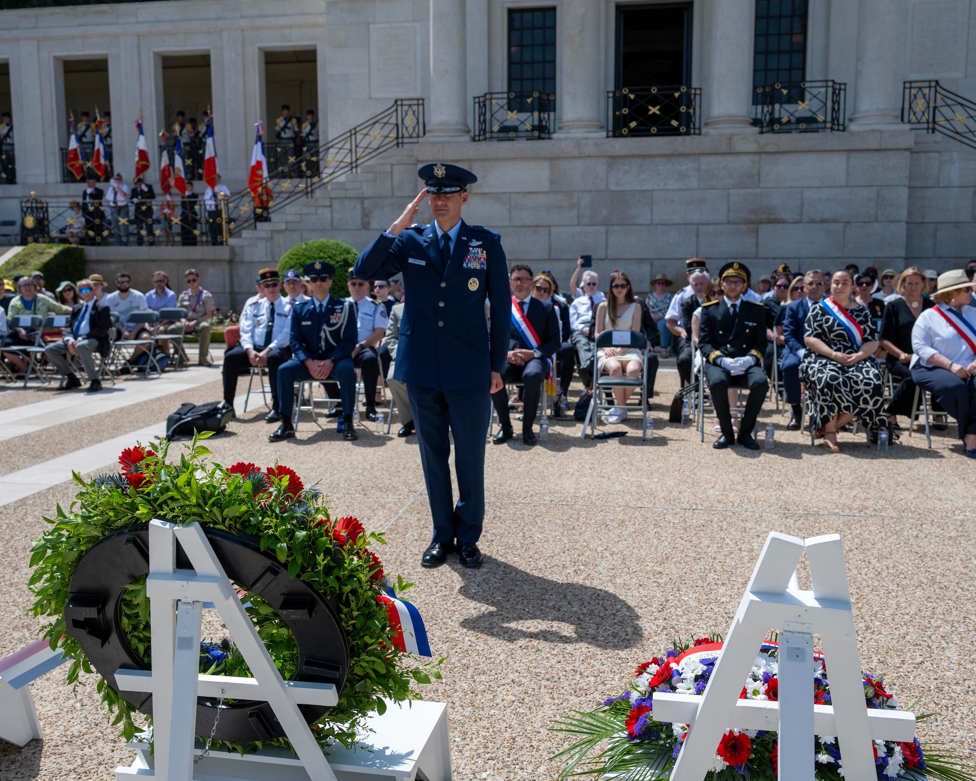 U.S. Air Force Brig. Gen. Stephen P. Snelson, U.S. Air Forces in Europe - Air Forces Africa deputy commander, lays a wreath to pay tribute to fallen American and French service members during a Memorial Day ceremony held at the Lafayette Escadrille Memorial in Marnes-la-Coquette, France, May 24, 2026.