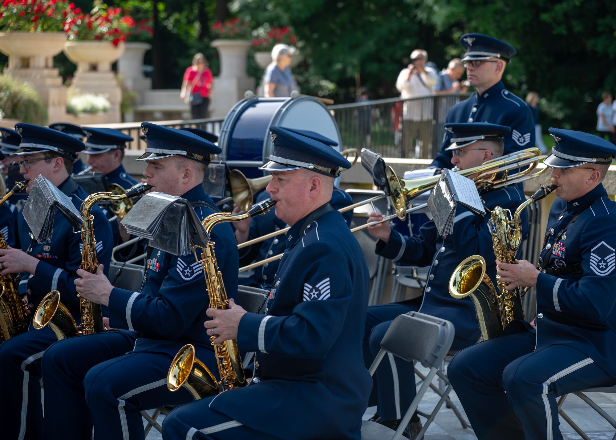 U.S. Air Forces in Europe - Air Forces Africa band, perform during a Memorial Day ceremony held at the Lafayette Escadrille Memorial, Marnes-la-Coquette, France, May 24, 2026.