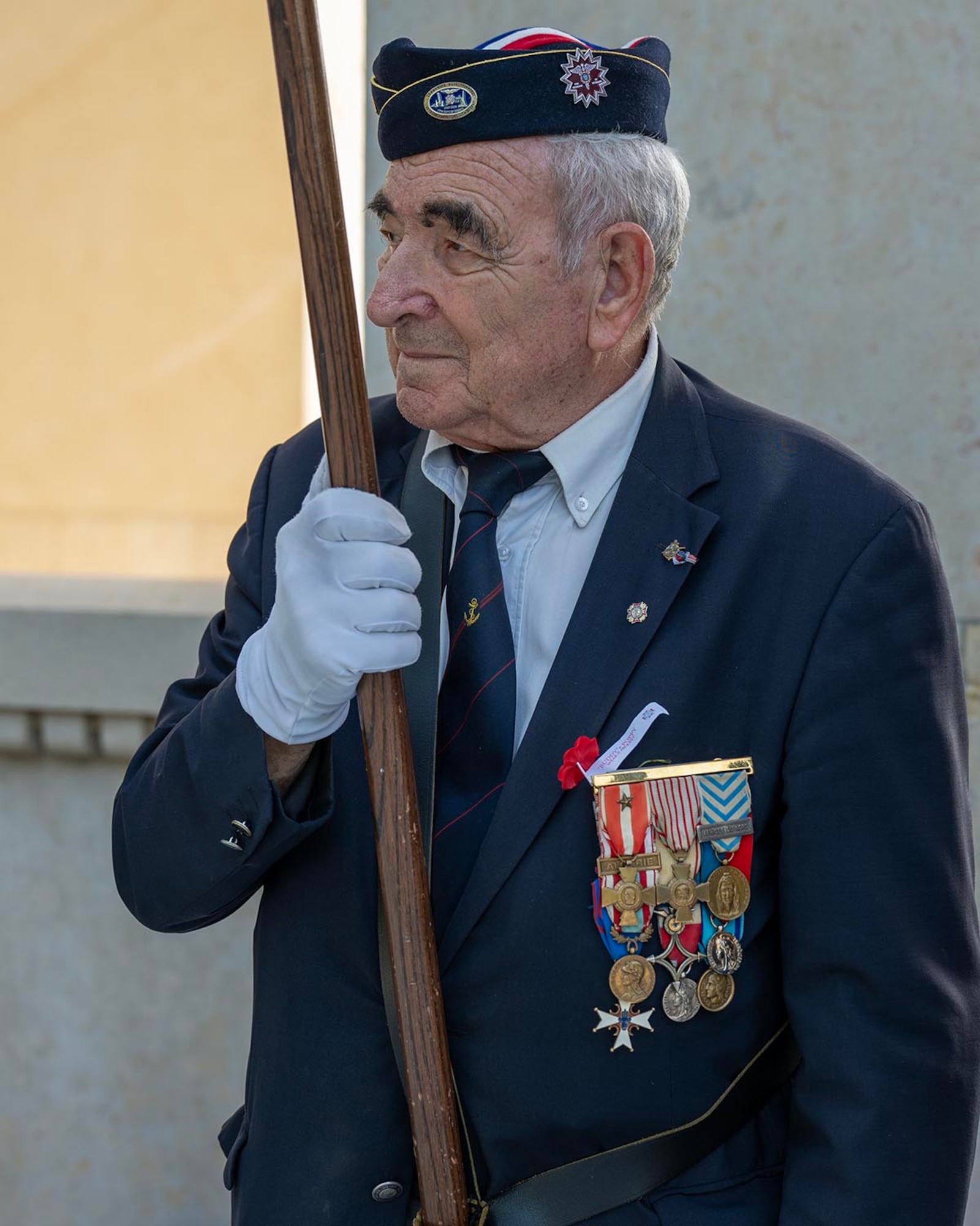 A French Color Guard member poses during a Memorial Day ceremony held at the Lafayette Escadrille Memorial, Marnes-la-Coquette, France, May 24, 2026.