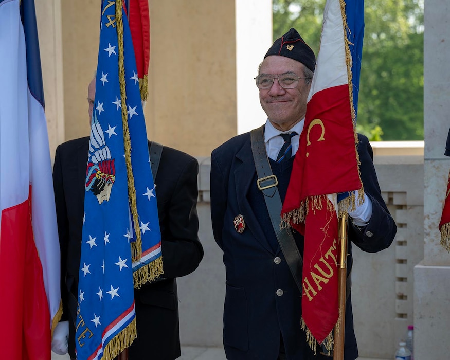 A French Color Guard member poses during a Memorial Day ceremony held at the Lafayette Escadrille Memorial, Marnes-la-Coquette, France, May 24, 2026.
