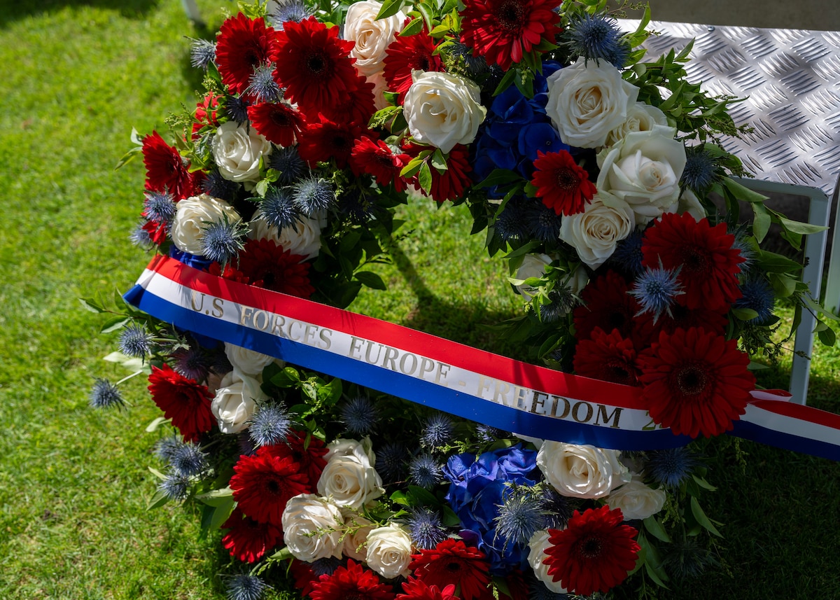 A commemorative wreath is displayed during the Memorial Day ceremony held at the Suresnes American Cemetery and Memorial, Suresnes, France, May 24, 2026.
