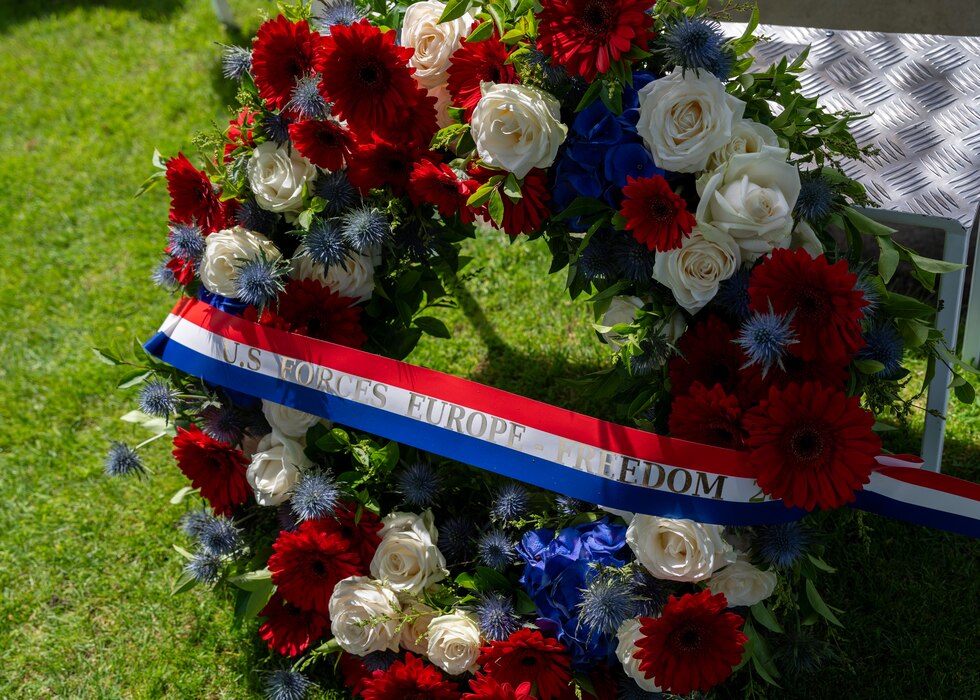 A commemorative wreath is displayed during the Memorial Day ceremony held at the Suresnes American Cemetery and Memorial, Suresnes, France, May 24, 2026.